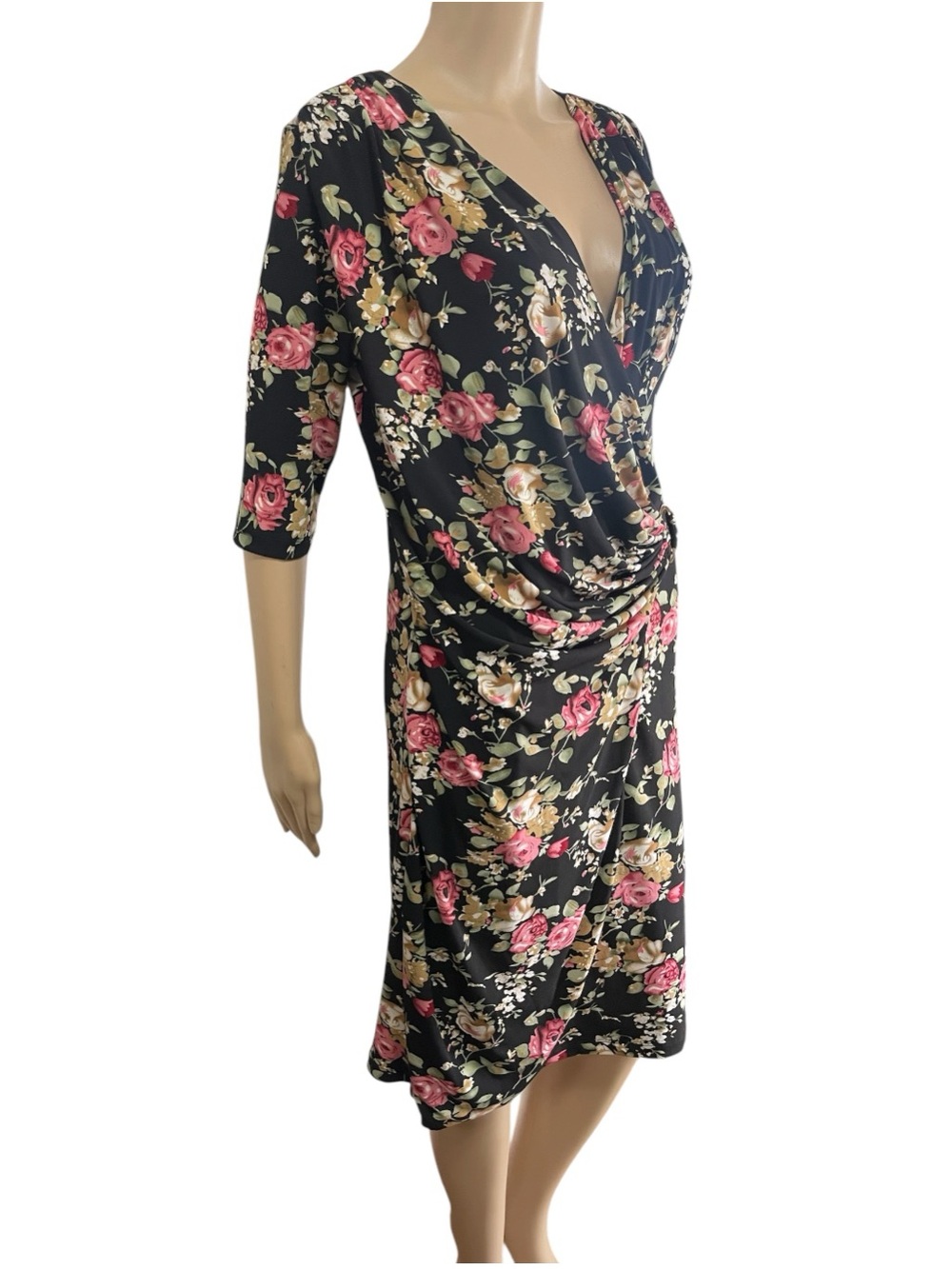 Katya floral faux-wrap midi dress pinup coquette feminine O- ring ruched stretch